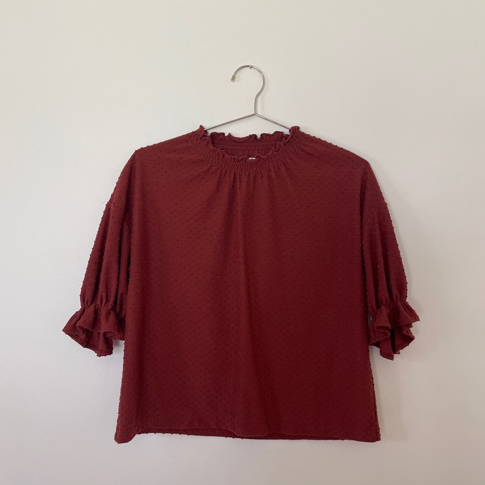 Madewell Burgundy Textured Blouse with Ruffle Sleeves